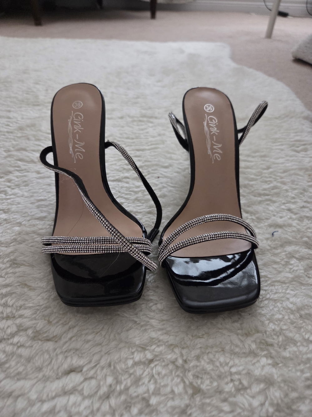 Black Patent Heeled Sandals with Rhinestone Straps